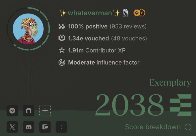 A user profile for 'whateverman' showing exemplary status, 100% positive reviews (953), 1.34e vouched, 1.91m Contributor XP, and a score of 2038.