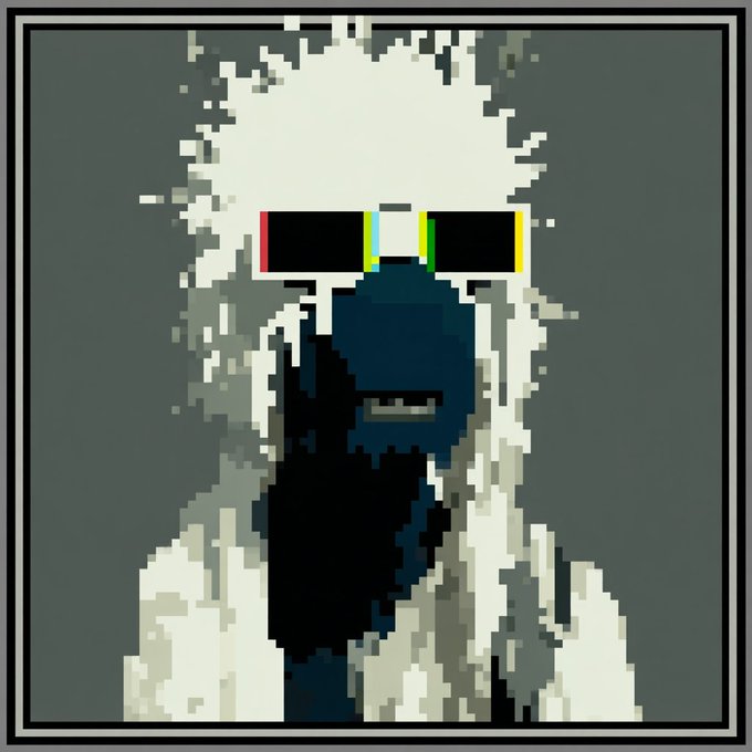 A pixel art portrait depicts a figure with wild white hair wearing distinctive RGB-glitch style sunglasses and a white coat.