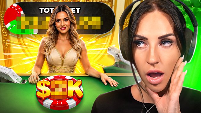 A YouTube-style thumbnail showing a woman in a gold dress standing behind a green casino table with large chip graphics, next to a close-up of another woman wearing headphones.