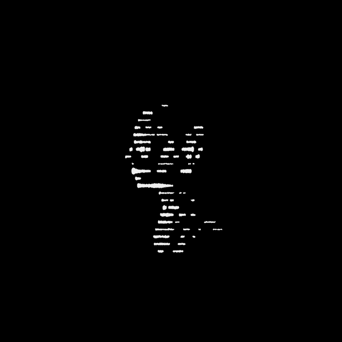 A minimalist black image featuring white text arranged to form the silhouette of a skull.