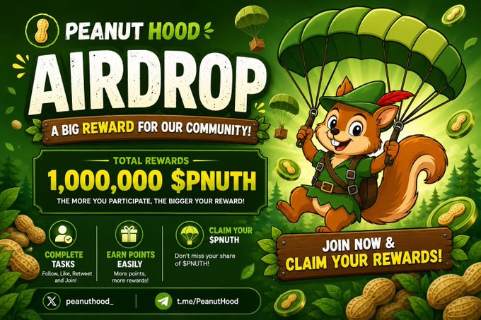 A promotional graphic for 'PEANUT HOOD AIRDROP' featuring a cartoon squirrel with a green parachute, advertising '1,000,000 $PNUTH' total rewards with social media handles @peanuthood_ and t.me/PeanutHood.