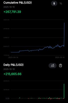 Trading charts showing Cumulative P&L of +$267,791.39 and Daily P&L of +$215,665.66 in USD, both with significant spikes on October 10, 2025.
