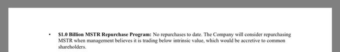 The image shows a slide from a MicroStrategy ($MSTR) release announcing a $1.0 billion MSTR stock repurchase program with no repurchases to date, stating the company will consider buying back shares when management believes the stock trades below intrinsic value. The post highlights this as a bullish catalyst for shorts, suggesting Saylor will aggressively buy back stock to "destroy shorts" in the next bull run.