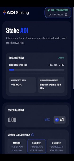 The image shows the "Stake ADI" interface on ADIChain's staking platform, displaying a connected wallet (0x7a3F...9B2c), a pool overview with 267.48K/3M ADI staked (~18.00% APY), and lock duration options ranging from 1-6 months with multipliers. This staking UI illustrates the active utility and yield-generating infrastructure being built on ADIChain, supporting the post's emphasis on the project's legitimacy through institutional backing rather than price speculation.