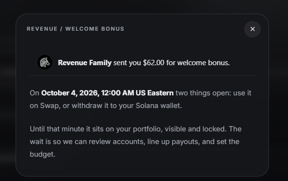 A notification card showing "Revenue Family sent you $62.00 for welcome bonus," with text that states the funds will be available on October 4, 2026, at 12:00 AM US Eastern for use on Swap or withdrawal to a Solana wallet, otherwise the bonus sits locked in the portfolio. This relates to the post "locked in, have u joined this?" by illustrating the locked status of the welcome bonus before its release date.