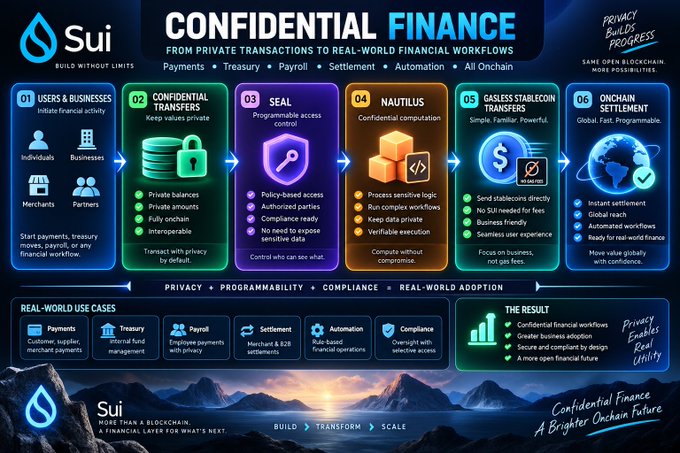 An infographic titled 'Sui CONFIDENTIAL FINANCE: FROM PRIVATE TRANSACTIONS TO REAL-WORLD FINANCIAL WORKFLOWS,' detailing six steps including 'USERS & BUSINESSES,' 'CONFIDENTIAL TRANSFERS,' 'SEAL,' 'NAUTILUS,' 'GASLESS STABLECOIN TRANSFERS,' and 'ONCHAIN SETTLEMENT,' with use cases like 'Payments,' 'Treasury,' 'Payroll,' and 'Settlement' listed below.
