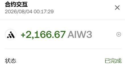 A contract interaction notification dated 2026/08/04 00:17:29 shows a completed transaction (已完成) of +2,166.67 AIW3 tokens.