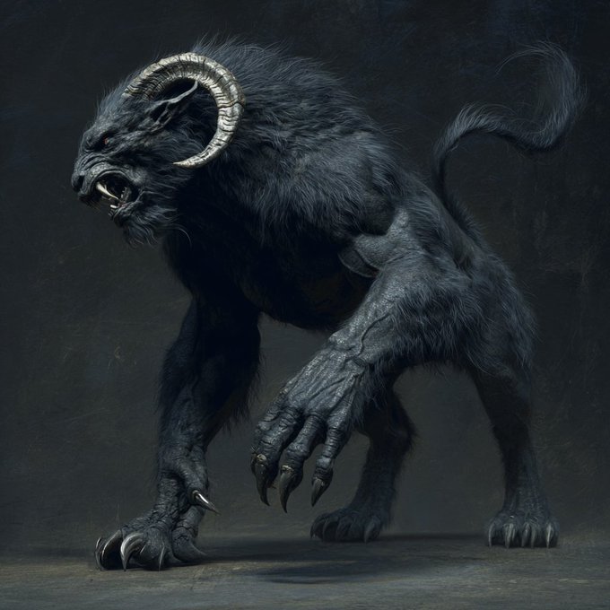 A dark fantasy creature concept art depicts a menacing horned beast with black fur, glowing red eyes, large curved white horns, and elongated claws in an aggressive stance against a shadowy backdrop, fitting the eerie "forest" theme of the post while the social media caption "$MfT" (likely a ticker reference) is not visible in the image itself.