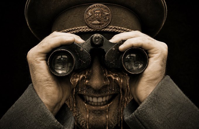 A dark, stylized image of a grinning man wearing a cap with a 'ROPE LOGIC OF BRONZE AGE' badge, holding binoculars up to his face, with a viscous brown liquid dripping down his face.