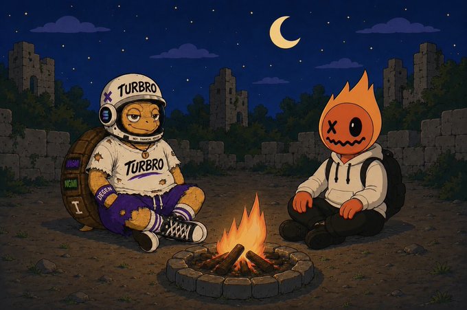Two cartoon characters—one wearing a "TURBRO" branded jersey and helmet, the other a flame-headed figure with X eyes—sit around a campfire at night beneath a crescent moon, visually representing the post's reflection on shared experiences, lessons learned, and continued partnership with Turbro Sol.