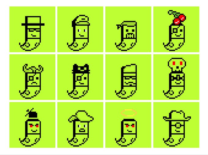 A grid of 12 pixel art sprites on green backgrounds showing various faces and creatures with different hats, hairstyles, and features including horns, masks, and a halo.