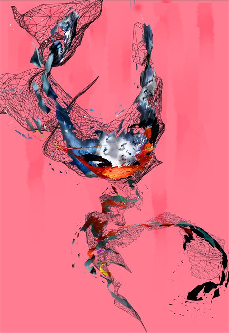 An abstract digital artwork features fragmented, chaotic shapes in dark blues, blacks, and reds against a vibrant pink background, with a mesh-like wireframe pattern overlaying the composition.