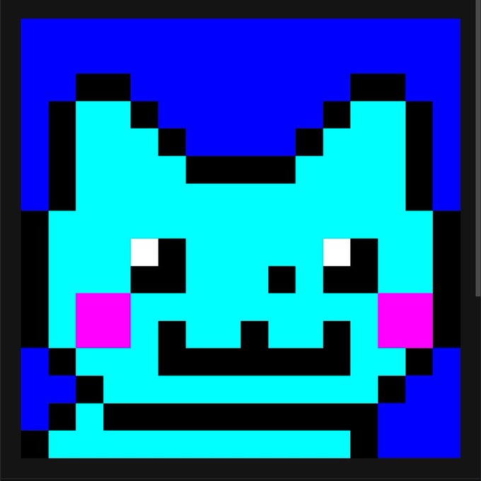 Pixel art of a cyan smiling creature with pink cheeks on a blue background.