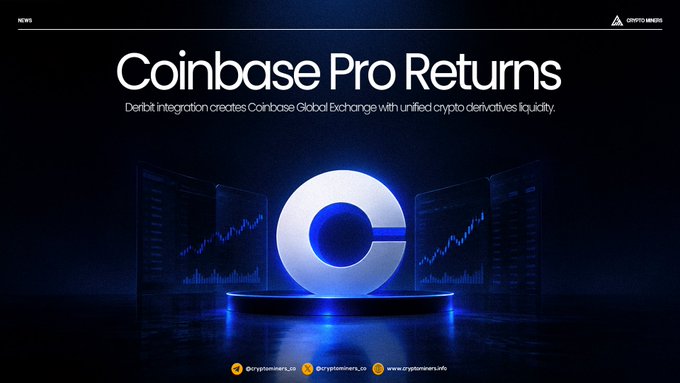 A news graphic titled "Coinbase Pro Returns" with a glowing Coinbase "C" logo and trading screens in the background, by cryptominers_ua.