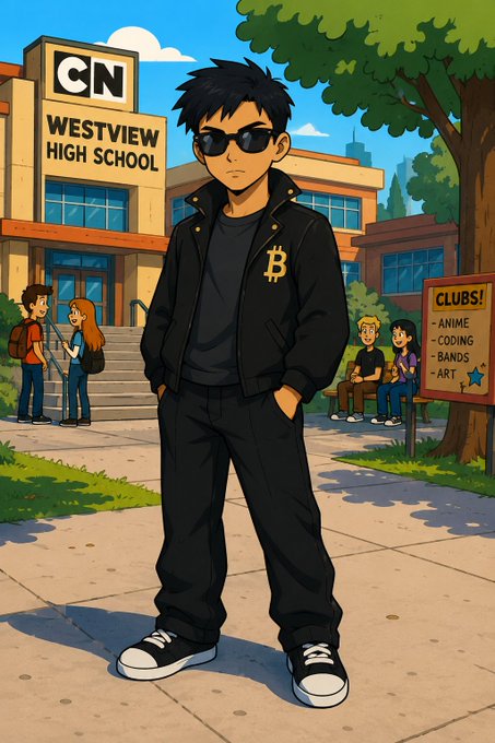 A Cartoon Network-style image of a boy in black with sunglasses and a Bitcoin logo jacket standing outside 'CN Westview High School,' with a 'Clubs!' sign listing Anime, Coding, Bands, and Art.