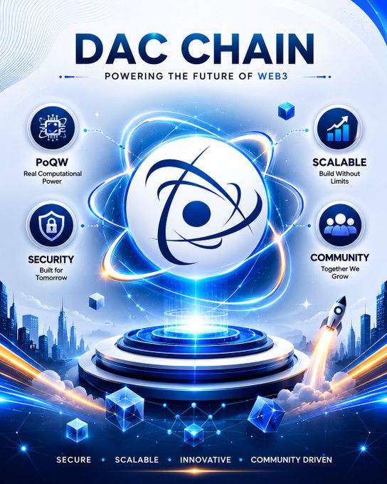 The image features a poster with a blue background, featuring a white circle with a blue dot inside, surrounded by blue cubes. The text on the poster reads "@dac_chain is not only important for fast transactions, but also for the ability to adapt to future technologies. @dac_chain is actually moving in that direction. @dac_chain is trying to adapt to technology by leveraging their ecosystem in various ways. Through Dac chain:". The poster includes a rocket ship and other icons related to blockchain technology, suggesting that the image is promoting the use of blockchain for future advancements.
