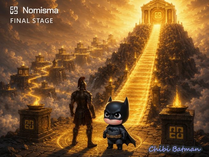A fantasy-style image labeled 'Nomisma FINAL STAGE' showing a chibi-style Batman character standing alongside a Spartan warrior on a glowing golden pathway leading up a mountain to a temple.