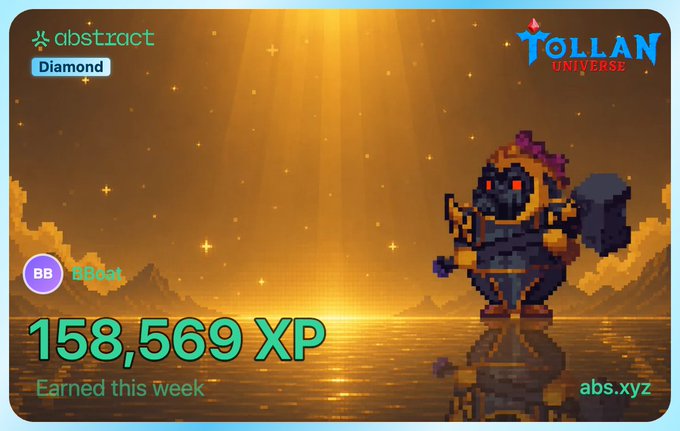 A gaming achievement card from the 'TOLLAN UNIVERSE' on Abstract (Diamond), showing a pixel art knight character with 158,569 XP earned this week.
