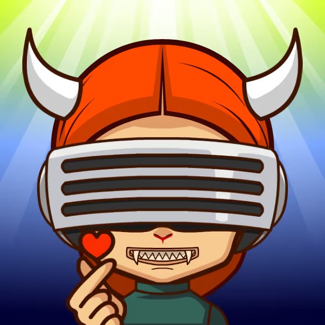 A cartoon illustration of a red-haired character with white horns wearing a VR headset, showing sharp teeth and making a heart shape with their fingers against a blue and green radiant background.