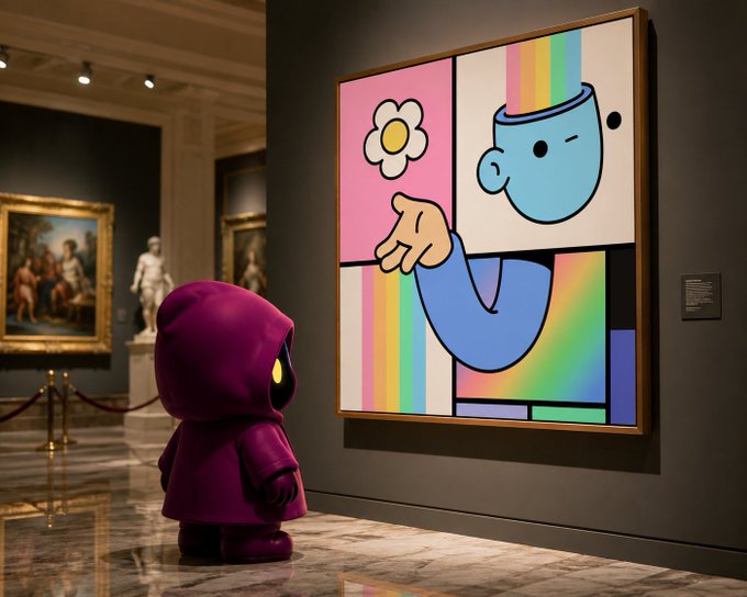 A small hooded figure in a purple cloak viewing a colorful pop-art painting of a character with a flower in an art gallery setting.