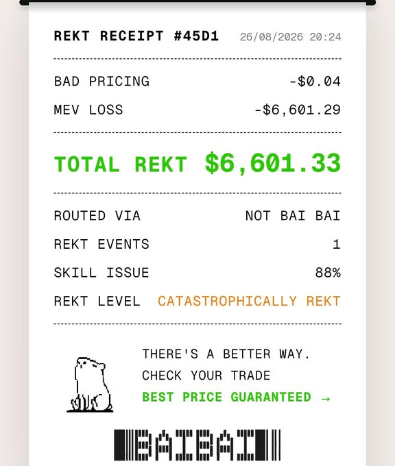 A receipt-style graphic titled "REKT RECEIPT #45D1" dated 26/08/2026, showing a "TOTAL REKT $6,601.33" with line items for "BAD PRICING" and "MEV LOSS," a "REKT LEVEL" of "CATASTROPHICALLY REKT," and "THERE'S A BETTER WAY. CHECK YOUR TRADE - BEST PRICE GUARANTEED →".