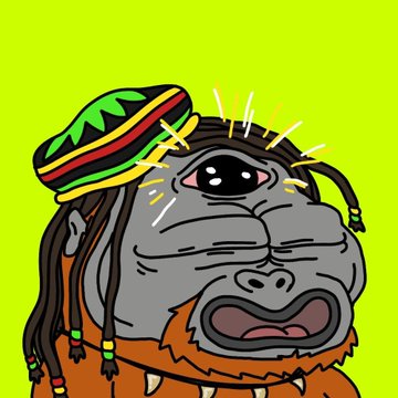 A digital illustration of a stylized gorilla with dreadlocks and a Rastafarian-colored hat against a bright neon green background, featuring an 'X' shaped eye.
