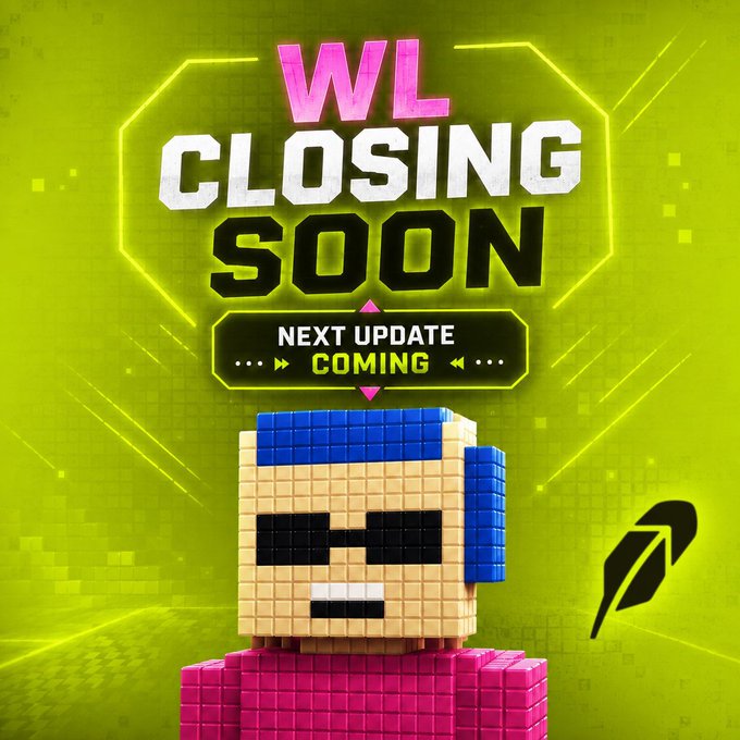 A blocky, pixel-art character with sunglasses and a pink shirt stands below glowing text reading "WL CLOSING SOON" and "NEXT UPDATE COMING," promoting the WallBrokers NFT mint at wallbrokers.xyz with tiered ETH pricing, launching September 7th.