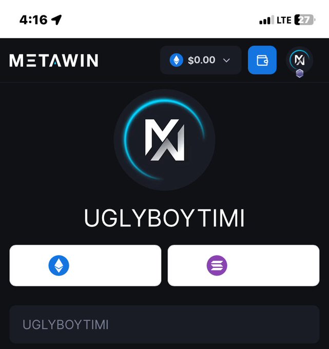 A mobile screenshot of the MetaWin app displaying a user profile for "UGLYBOYTIMI" with a $0.00 ETH balance, featuring MetaWin's logo and two buttons for crypto deposit and menu options.