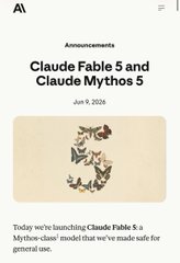The image shows an advertisement for a product named "claude fable 5" and "claude mythos 5", which are related to software development or computer security. The text on the screen reads, "Today we're launching claude fable 5 & claude mythos 5: A Mythos-class model that we've made safe for general use". This advertisement is promoting a new software product and highlighting its security features.