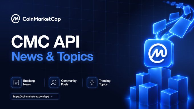 A promotional graphic for CoinMarketCap's "CMC API - News & Topics" service, featuring the CoinMarketCap logo and three key features: Breaking News, Community Posts, and Trending Topics, set against a dark blue background with glowing 3D blockchain cubes on the right side. The image visually represents the API's capability to stream real-time crypto news, community insights, and trending narratives, complementing the post's message about consolidating scattered crypto stories into one accessible feed for developers.