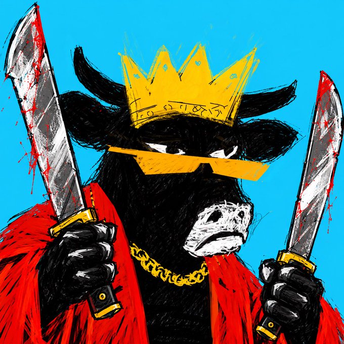 A stylized illustration of a black bull wearing a yellow crown, gold chain, and red cape, holding two blood-stained knives against a bright blue background.