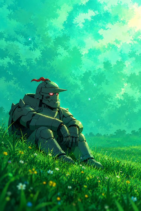 An anime-style robot soldier with a red bandana sits in a grassy field beneath a vibrant green sky with scattered clouds.