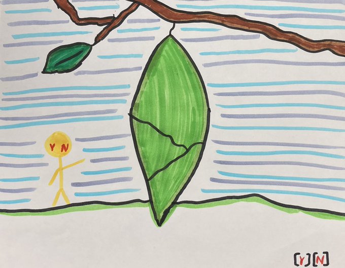 A child's drawing showing a large green leaf/seed pod hanging from a brown tree branch, with a yellow stick figure labeled "YN" on a green ground and a blue-lined sky background, signed "(1)N" in the corner.
