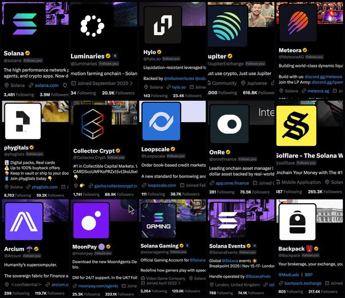 A grid display of Solana ecosystem project profiles including Solana (@solana), Luminaries, Hylo, Jupiter, Meteora, phygitals, Collector Crypt, Loopscale, OnRe, solflare, Arcium, MoonPay, Solana Gaming, Solana Events, and Backpack with their follower counts and descriptions.