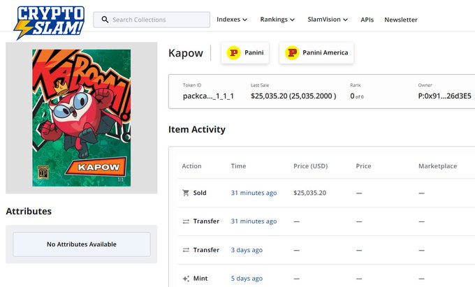 A CryptoSlam NFT listing page shows a Panini "Kapow" 1/1 comic-style NFT (token ID packca-...-1_1) with a last sale price of $25,035.20 recorded 31 minutes ago, corresponding to the Moonbirds x Panini collaboration mentioned in the post.

**Key details visible:**
- Token ID: packca-...-1_1 (1/1 unique)
- Last Sale: $25,035.20 (25,035.2000)
- Seller: P.0x91...26d3E5