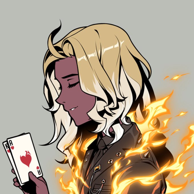 An anime-style digital illustration of a dark-skinned character with wavy blonde hair, wearing a studded black leather jacket, holding a King of Hearts playing card while surrounded by flames.
