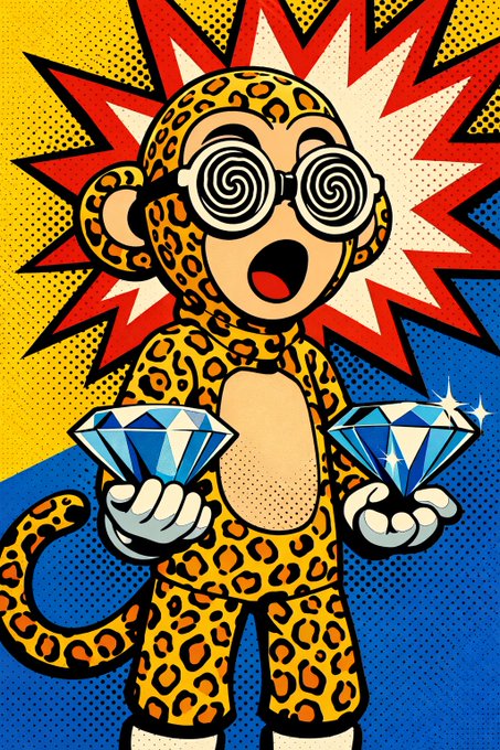 Pop-art style illustration of a monkey in a leopard-print costume wearing spiral glasses and holding two diamonds, with a starburst background.