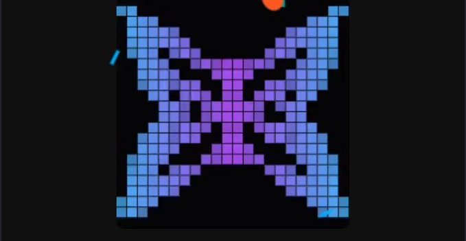 A pixelated symmetrical graphic in blue and purple tones on a black background, resembling a stylized butterfly or geometric creature design.