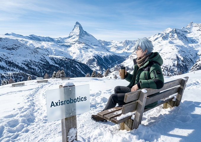 An anime-style illustration depicts a young man with light blue hair sitting on a wooden bench in a snowy mountain landscape, holding a coffee cup, with a sign reading 'Axisrobotics' nearby.