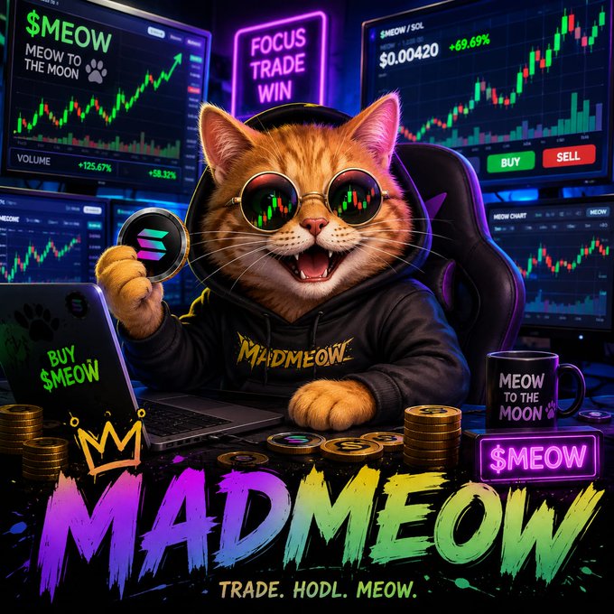 Vibrant digital art of a cat wearing sunglasses and a "MADMEOW" hoodie, sitting before cryptocurrency trading screens displaying "$MEOW" with the tagline "TRADE. HODL. MEOW." and a "FOCUS TRADE WIN" neon sign.