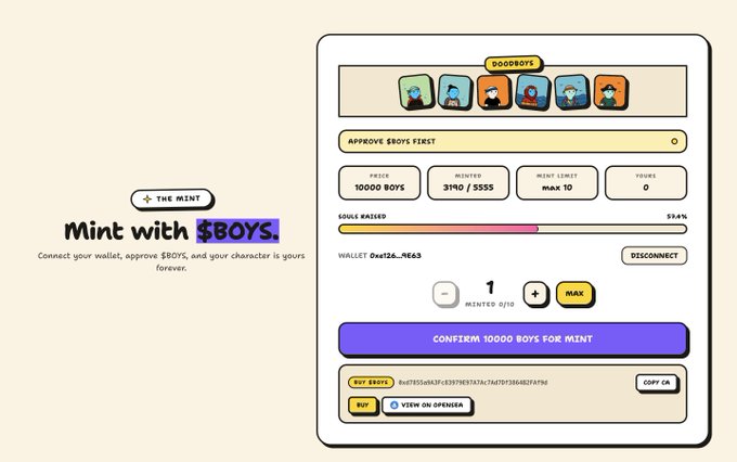 A webpage for minting 'DOOBOYS' NFTs priced at 10,000 BOYS with a mint limit of 10, showing wallet connection status and a progress bar at 59.4% raised.
