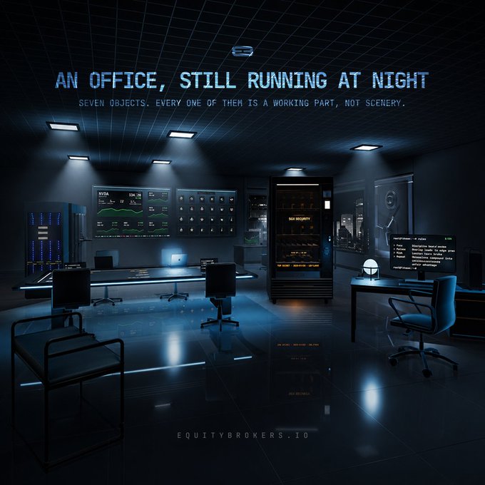 A dimly lit operations room glows with monitoring screens, a server rack, and workstations, captioned "AN OFFICE, STILL RUNNING AT NIGHT — SEVEN OBJECTS. EVERY ONE OF THEM IS A WORKING PART, NOT SCENERY," branded with equitybrokers.io. The image visually reinforces the post's message of around-the-clock activity, symbolizing the nonstop, working infrastructure behind $EQUITY's buyback and burn revenue model.