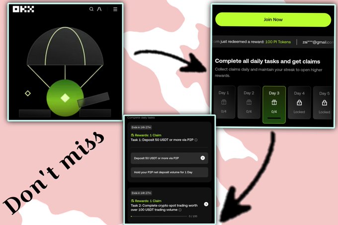 A promotional graphic showing screenshots of a crypto rewards app called OKX, with arrows pointing to daily task sections and the encouraging text 'Don't miss.'