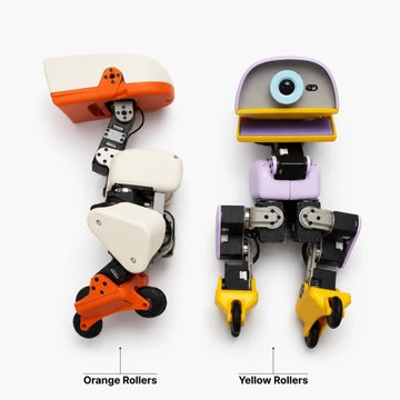 Two small toy robots labeled 'Orange Rollers' and 'Yellow Rollers' shown against a white background.