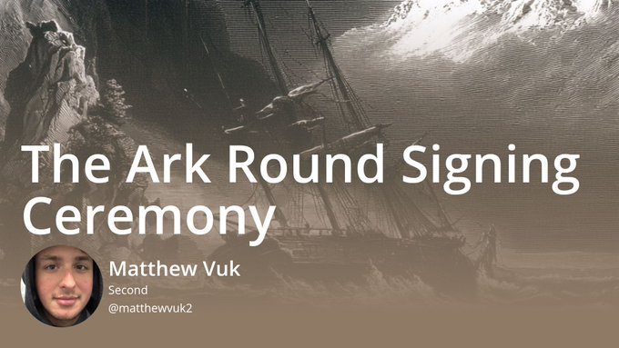 The image shows a YouTube thumbnail announcing a live stream titled "The Ark Round Signing Ceremony," featuring Matthew Vuk (@matthewvuk2), whose profile picture appears in the bottom-left corner against a dramatic sepia-toned background of a ship battling stormy waves.