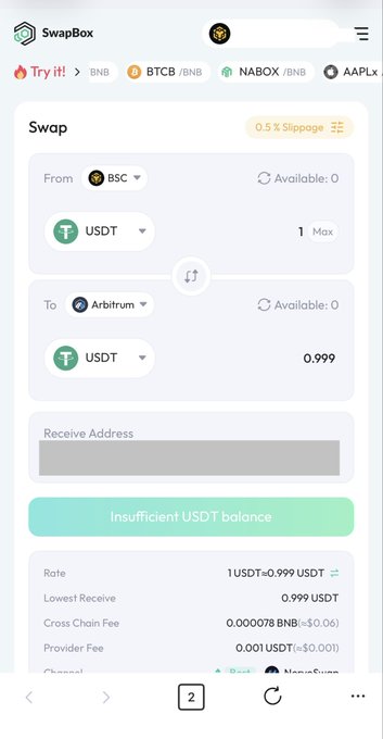 A screenshot of the SwapBox crypto swap interface attempting to swap USDT on BSC to USDT on Arbitrum, displaying 'Insufficient USDT balance'.
