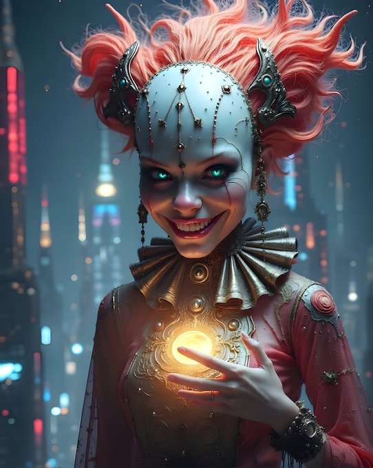 A digital illustration depicts a menacing clown-like figure with wild pink hair, a pale studded face, glowing green eyes, and an elaborate ruffled collar, holding a glowing orb against a futuristic neon cityscape.