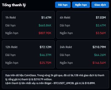 A Vietnamese cryptocurrency liquidation dashboard titled 'Tổng thanh lý' showing 1h, 4h, 12h, and 24h total long/short liquidation amounts.