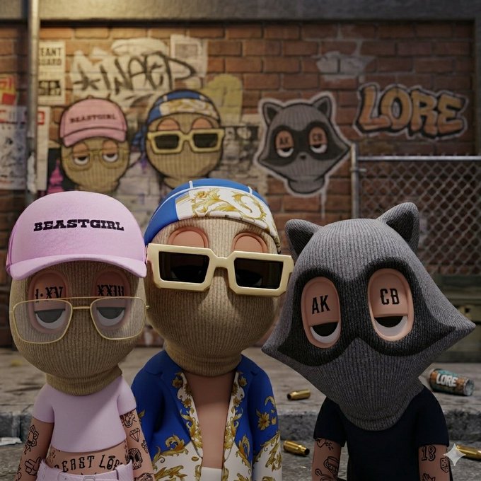 Three stylized toy figures with knitted balaclava-style masks (one pink with 'BEASTGIRL', one with a blue cap, and a gray raccoon-like one) standing in front of a graffiti wall featuring 'LORE' street art.