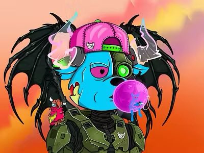 A cartoon NFT-style character with a blue skull face, pink cap, black bat wings, and military vest, blowing a pink bubblegum bubble against an orange sky.